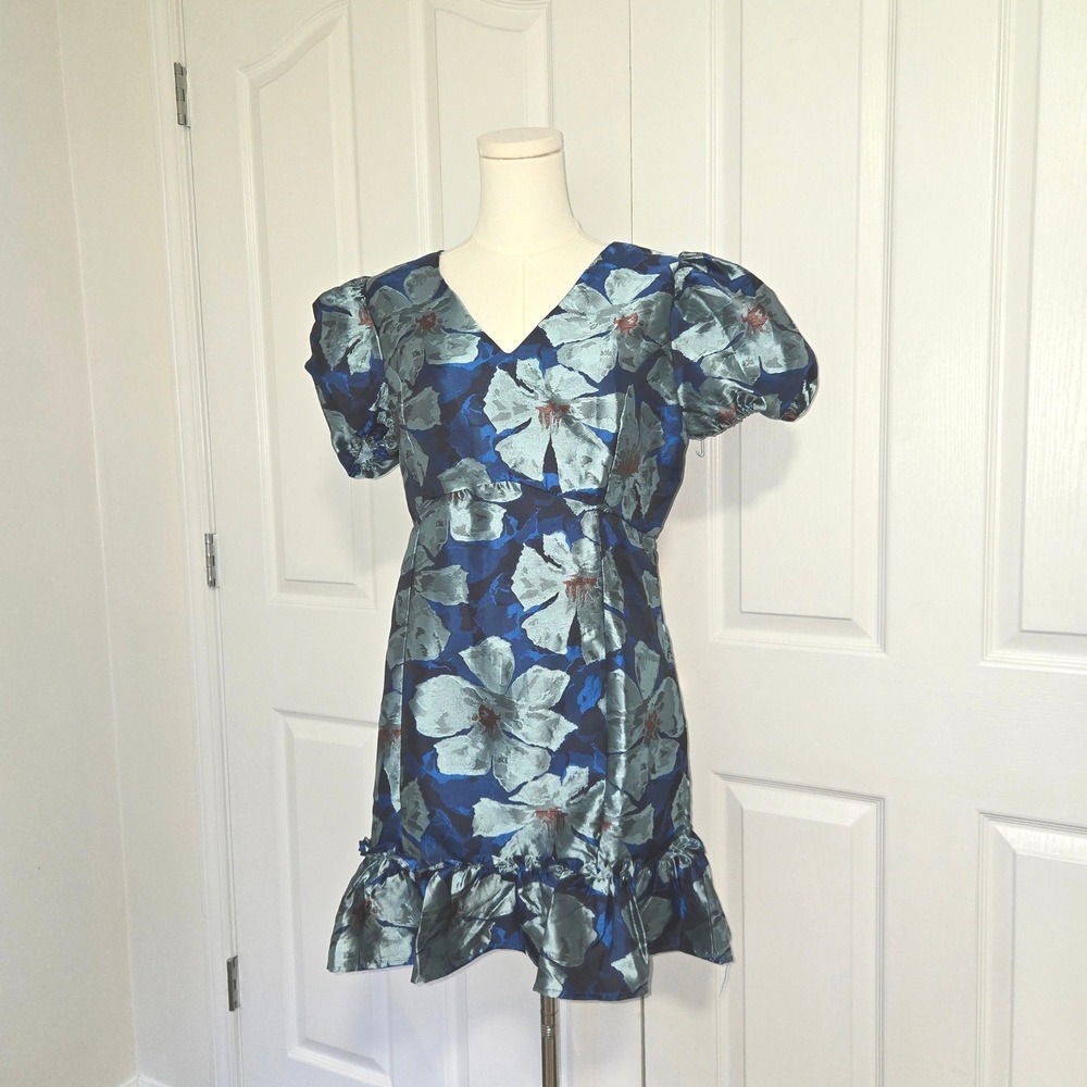 TCEC Floral Jacquard Mini Dress Womens Large Blue Silver Puff Sleeve Ruffle Hem‎